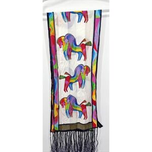 Laurel Burch Silk Scarf Rainbow Bowing Horses  11"x53" Equestrian Art